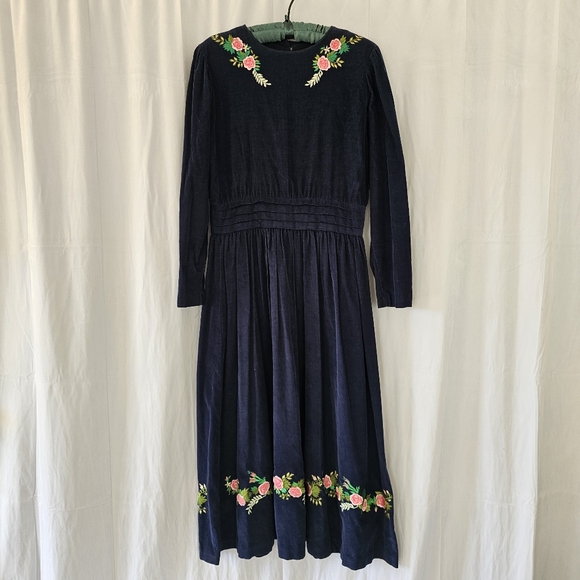 Vtg J. Christop Dress  Blue Corduroy Velvet  Embroidered Art to Wear  Sz. 10 - Picture 1 of 13